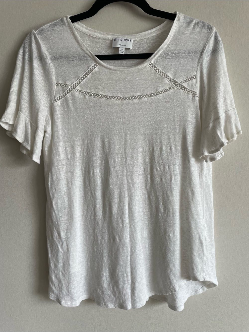 Witchery t-shirt white top flutter sleeves embroidered 100% linen boho cottage S